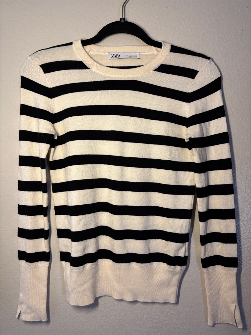 Zara Cream and Black Striped Crewneck Sweater